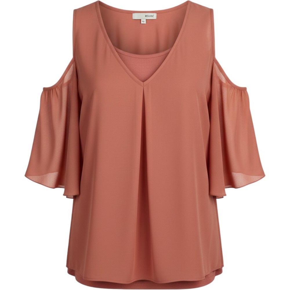 Minimi Blouse Women XL Terracotta Cold Shoulder Flutter Sleeve Layered V-Neck